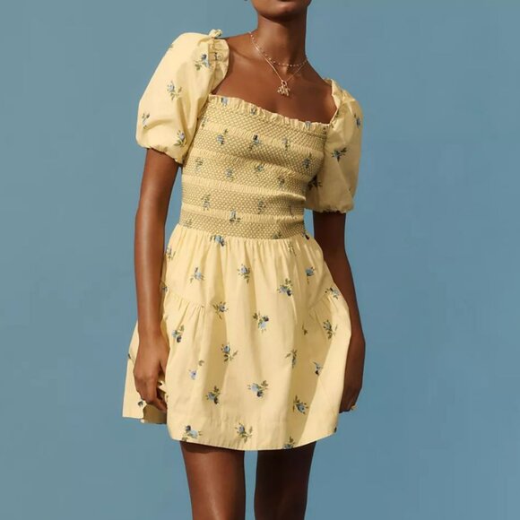 By Anthropologie Dresses & Skirts - By Anthropologie Puff-Sleeve Square-Neck Smocked Mini Dress